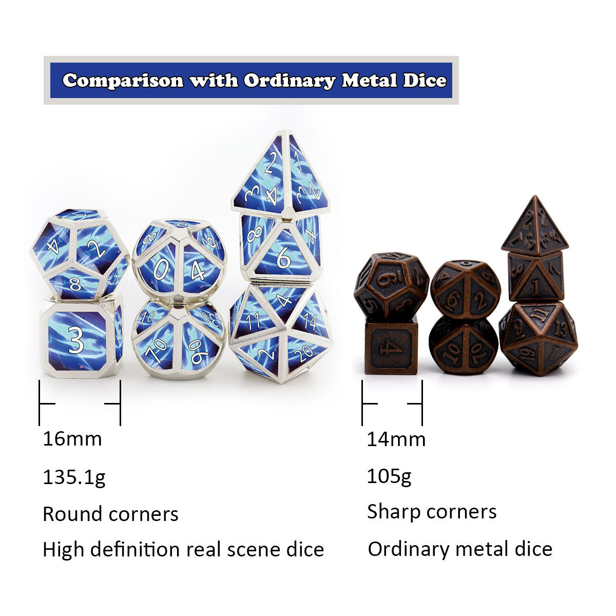 Haxtec Real Scene Metal Dice Set Silver Purple Blue RPG Dice for DND 5E Spell-Cold Snap