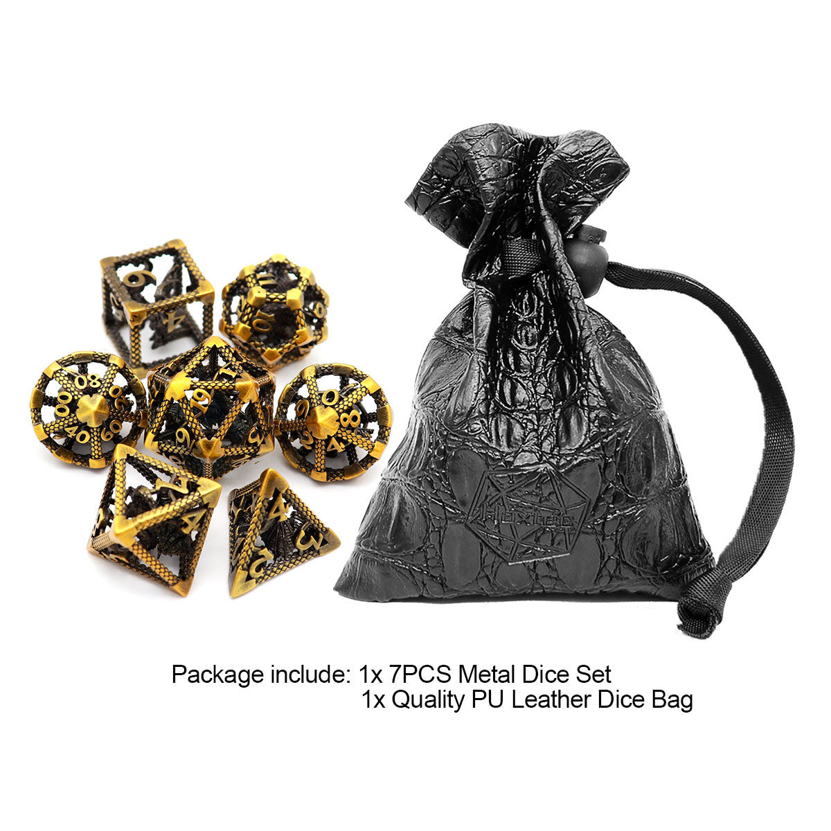 Haxtec Hollow Dragon Metal DND Dice Set With Leather Dice Bag for Dungoens and Dragons RPG Gift Antique Gold Dragon