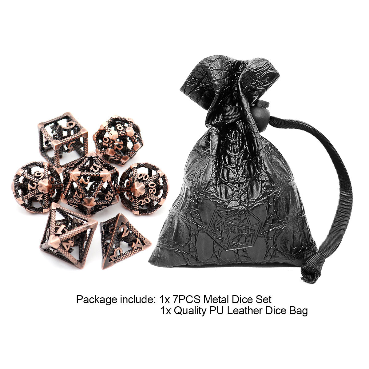 copper hollow metal dice dnd and leather dice bag