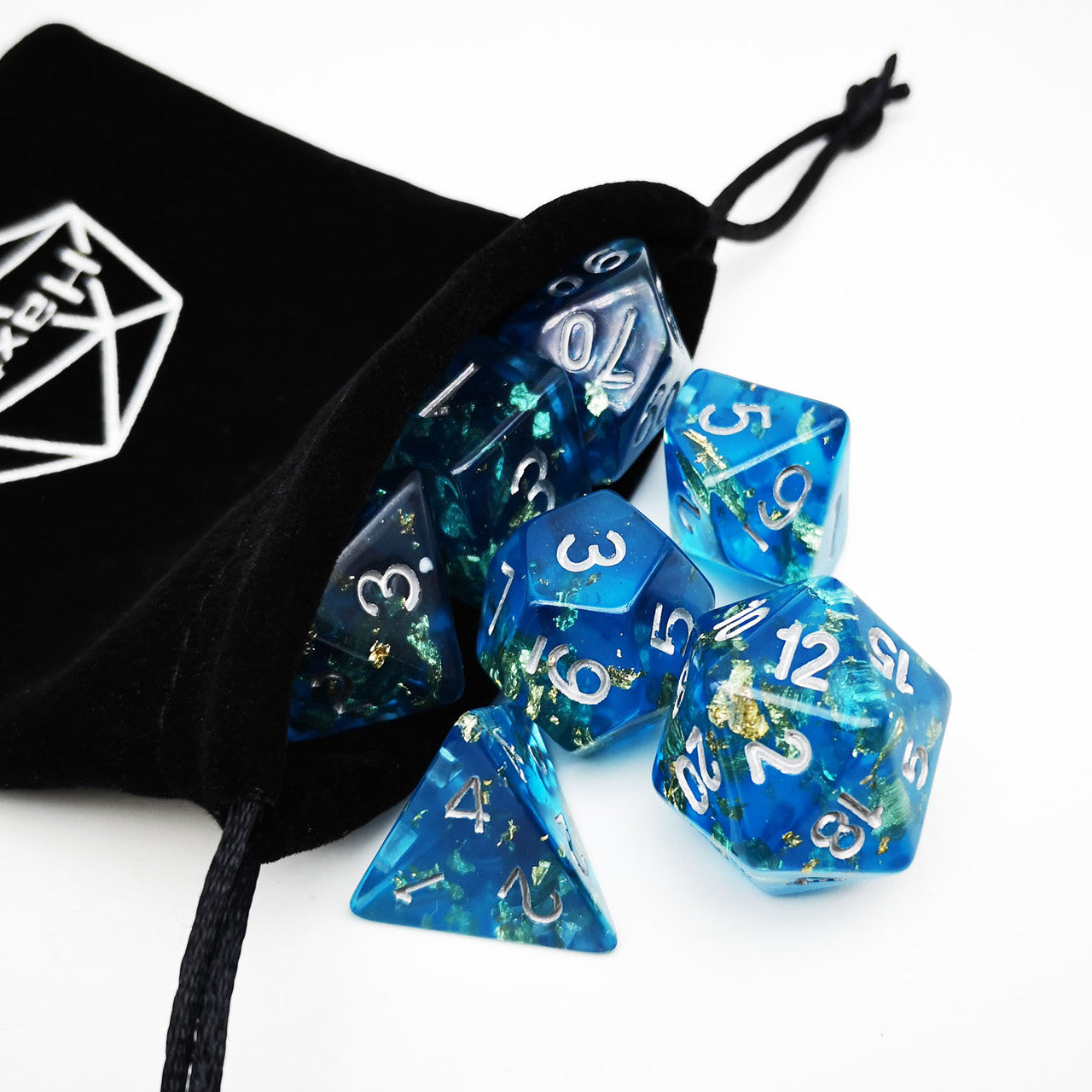 Blue Gold Foil DND Dice Set With Bag