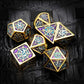 gold blue purple dice, dnd dice, gold dice, gold metal dice, purple blue dice, net dice, spider dice