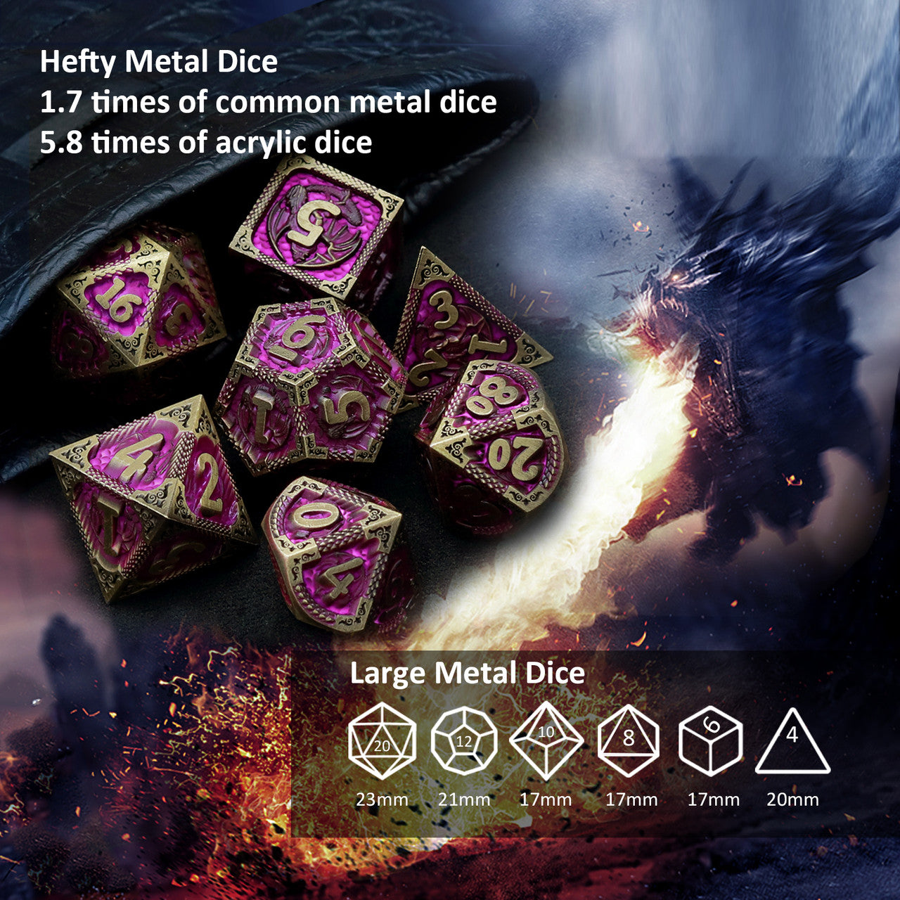 Haxtec Fire-breathing Dragon Pattern Metal DND Dice Set With Leather Dice Bag for Dungoens and Dragons RPG Gifts-Antique Bronze Matt Purple