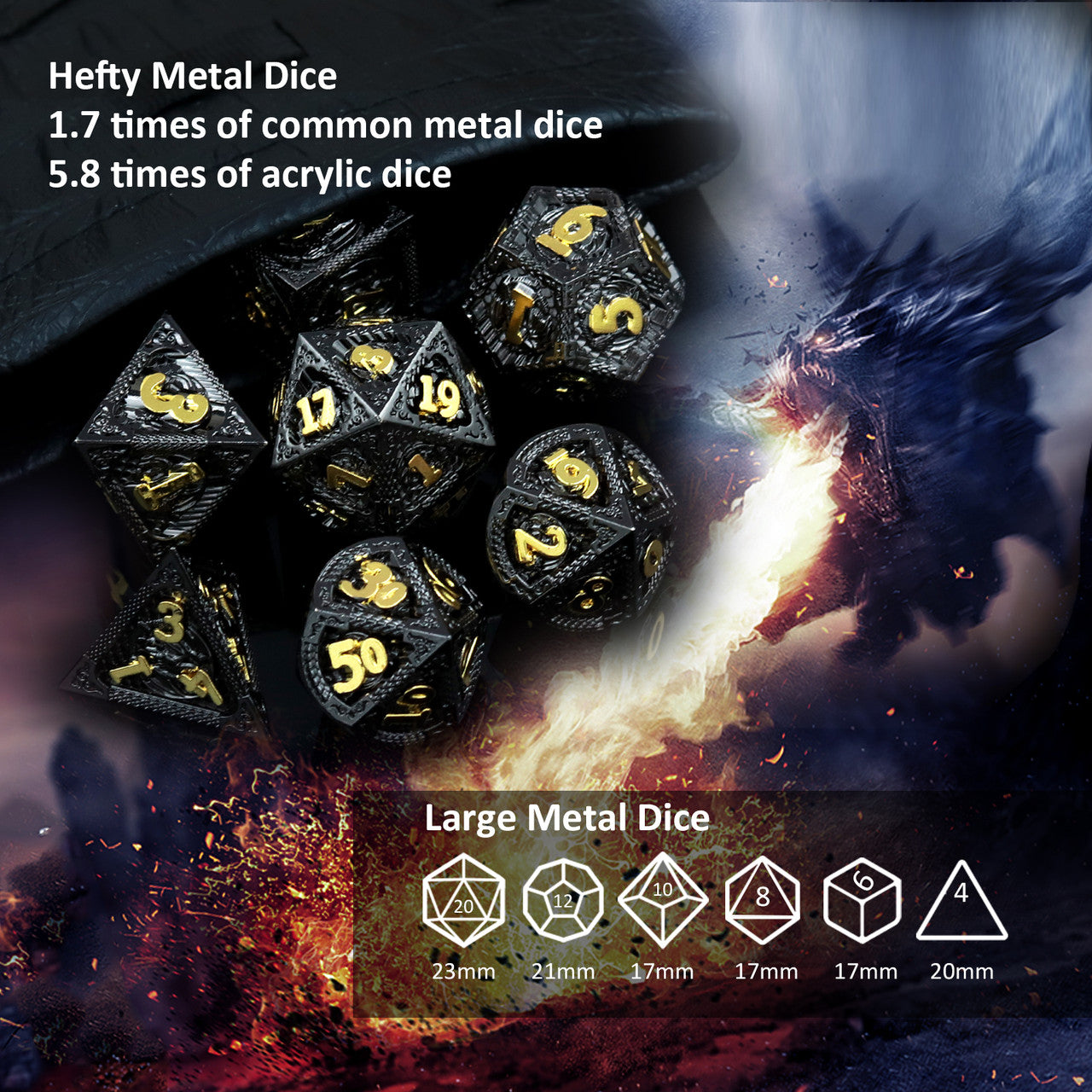 black gold metal dnd dice set dragon pattern