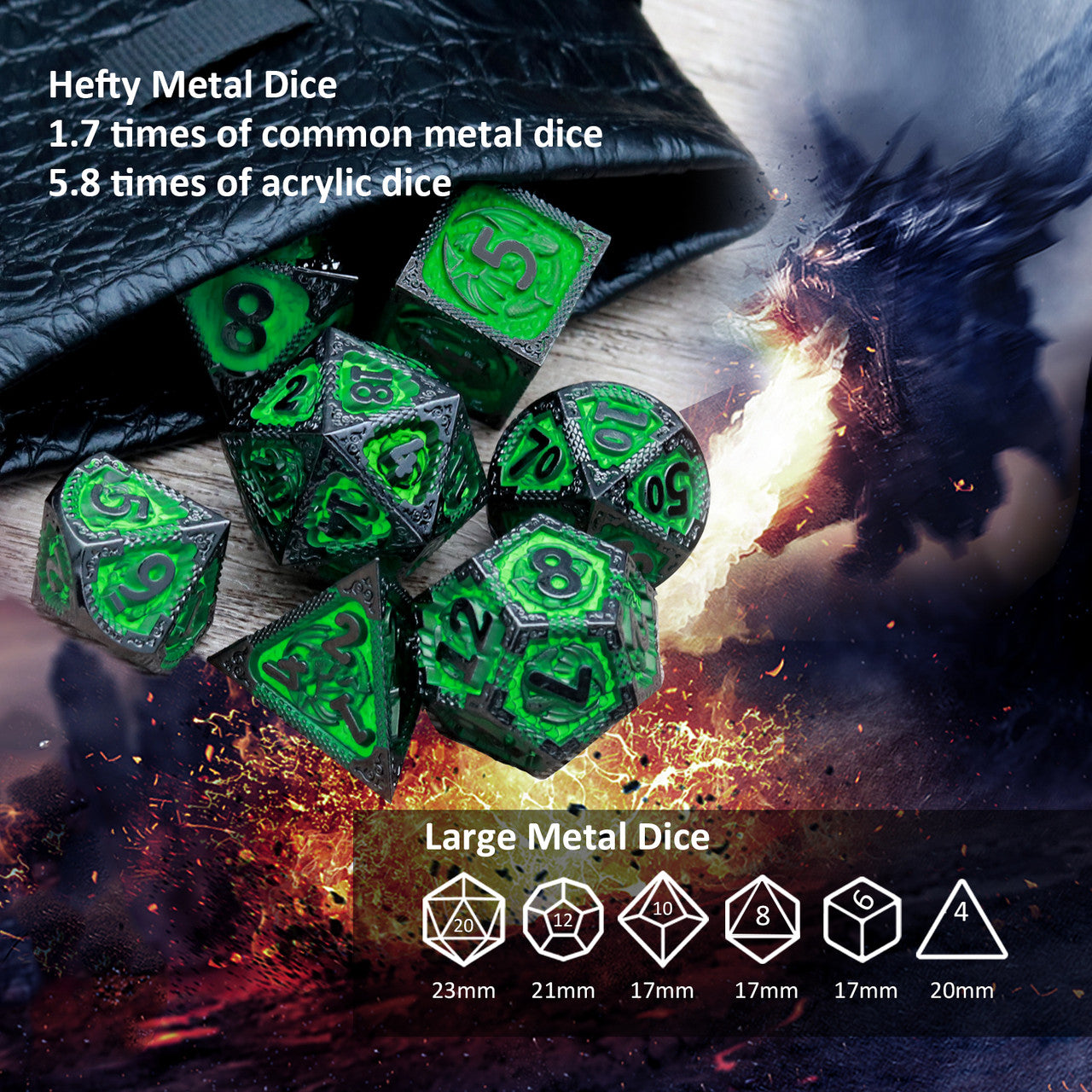 black green metal dnd dice set dragon pattern