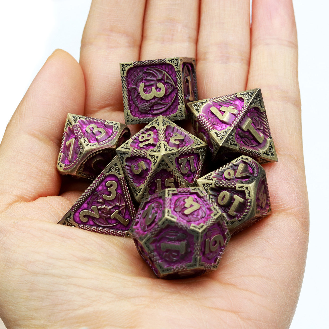 bronze purple metal dnd dice set dragon pattern dragon scale leather dice bag
