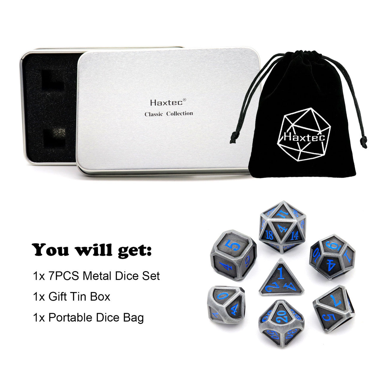 Haxtec Classic Collection Metal DND Dice-Fine Antique Iron Blue Numbers