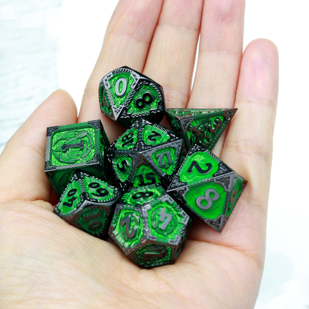 black green metal dnd dice set dragon pattern