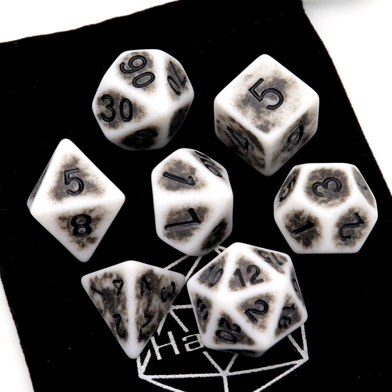 antique dice, ancient dice, grey dice, rpg dice, bone dice, polyhedral dice, dice set, dnd dice, black dice
