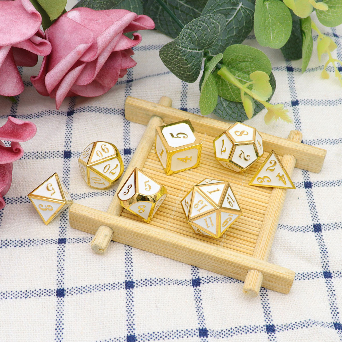 gold white metal dice, metal dnd dice, gold metal dice, white metal dice, white dice, gold dice, polyhedral dice white