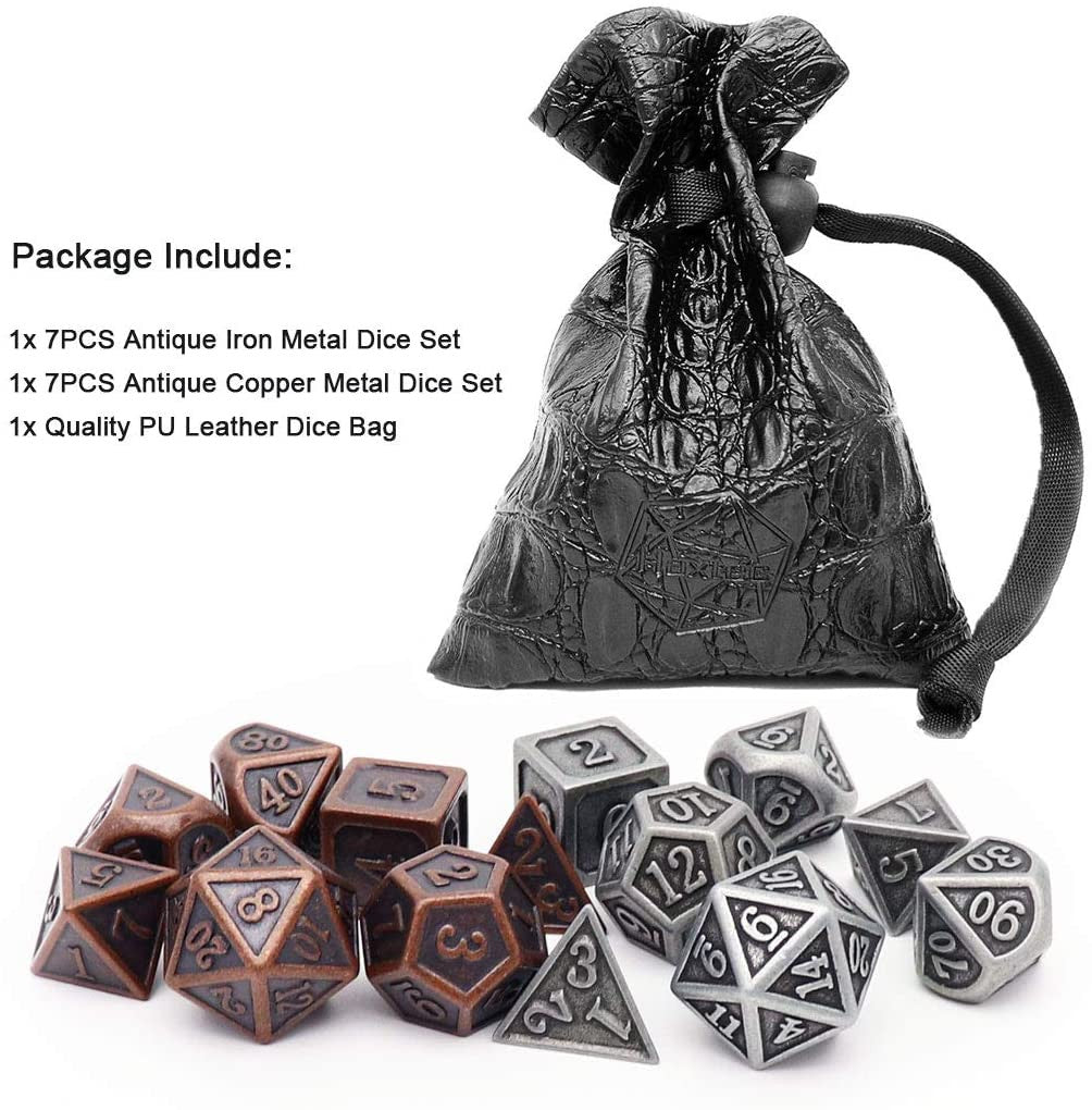 antique dice, metal dnd dice, dice set, copper dice, iron dice