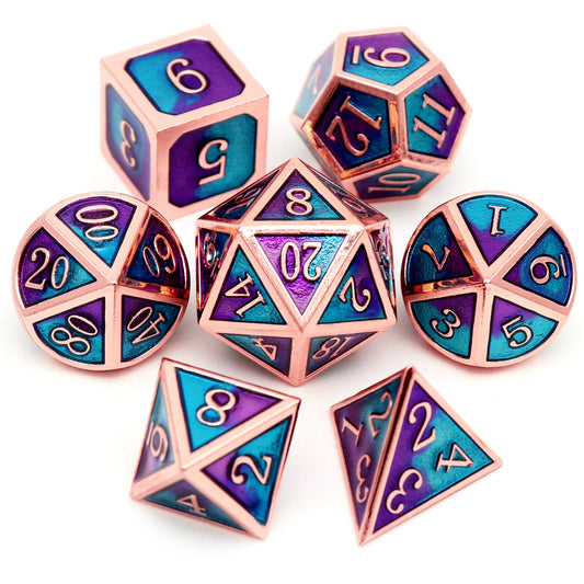 haxtec metal dice, haxtec dice, meta dice, dnd dice, copper dice, blue purple dice, metal dnd dice metal dice set d&d, blue dice, purple dice