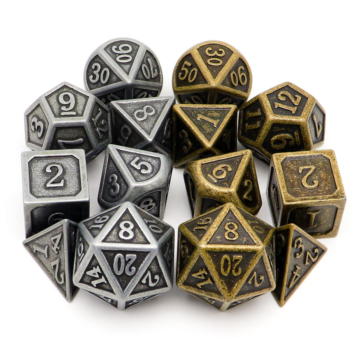 antique dice, metal dnd dice, dice set, copper dice, iron dice, bronze dice, metal dice