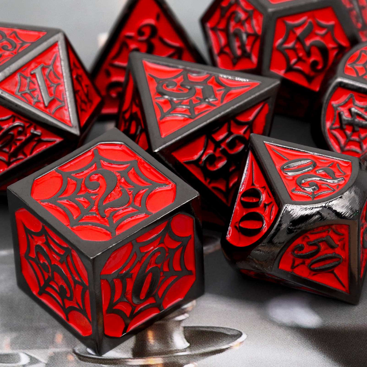 black red dice, black dice, red dice, red metal dice, metal dice black