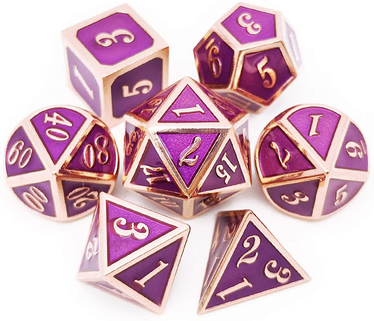 purple metal dice, purple dice, copper dice, copper purple dice, metal dice, metal dnd dice, haxtec dice