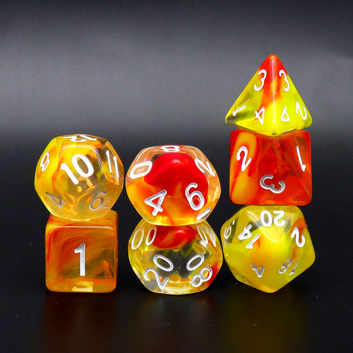 red yellow dice, yellow dice, red dice, clear dice, dnd dice rpg dice, polyhedral dice, dice set