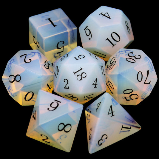 opal dice, opalite dice, dnd dice, stone dice, gemstone dice, rpg dice, semi-precious stone dice