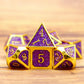 gold purple glitter metal dice set, metal glitter dice, purple metal dice, gold metal dice