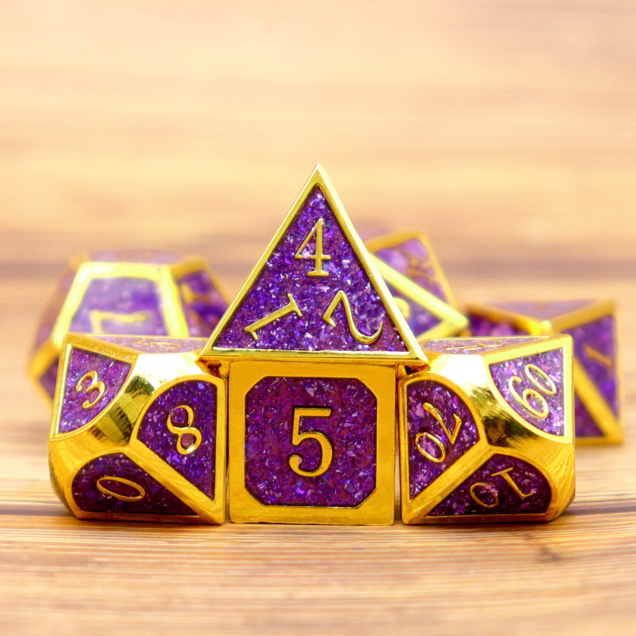 gold purple glitter metal dice set, metal glitter dice, purple metal dice, gold metal dice