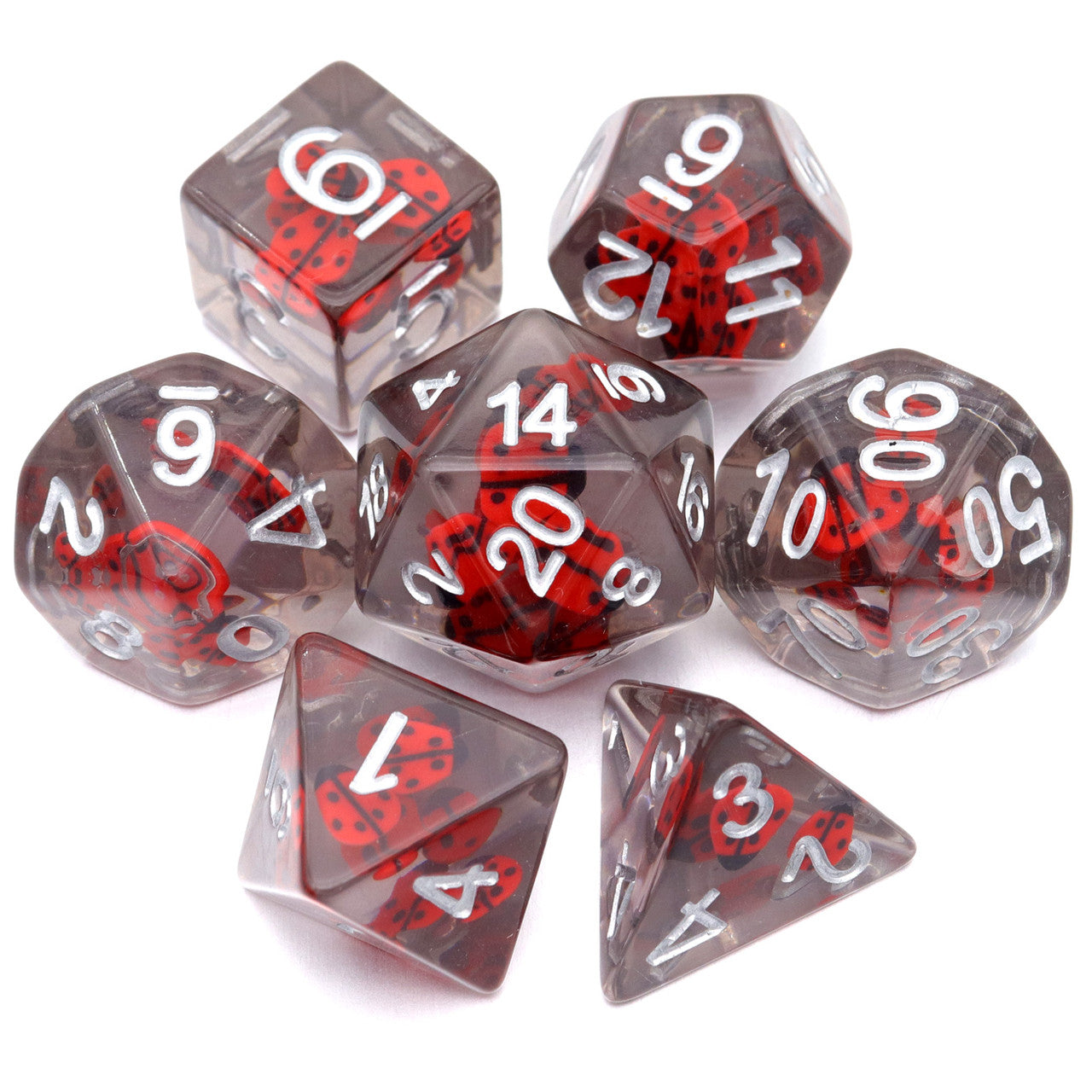 lady bug dice, resin dice, filled dice, red dice, grey dice, insect dice, rpg dice, polyhedral dice