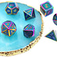 haxtec metal dnd dice set, blue dnd dice set, blue metal dice, rainbow metal dice