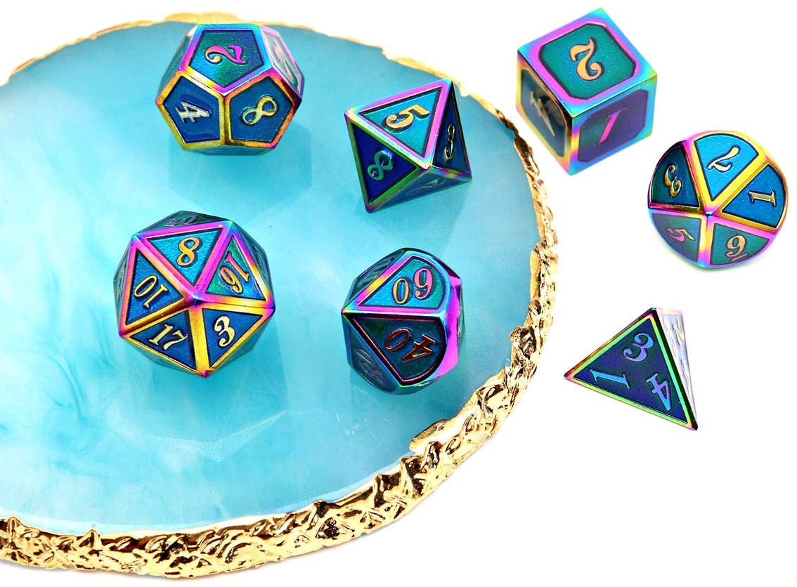 haxtec metal dnd dice set, blue dnd dice set, blue metal dice, rainbow metal dice