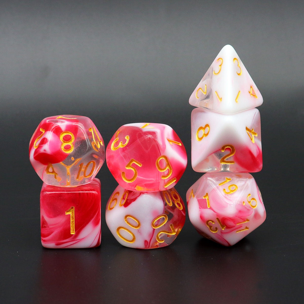 pink white dice, pink dice, white dice, clear dice, dnd dice rpg dice, polyhedral dice, dice set